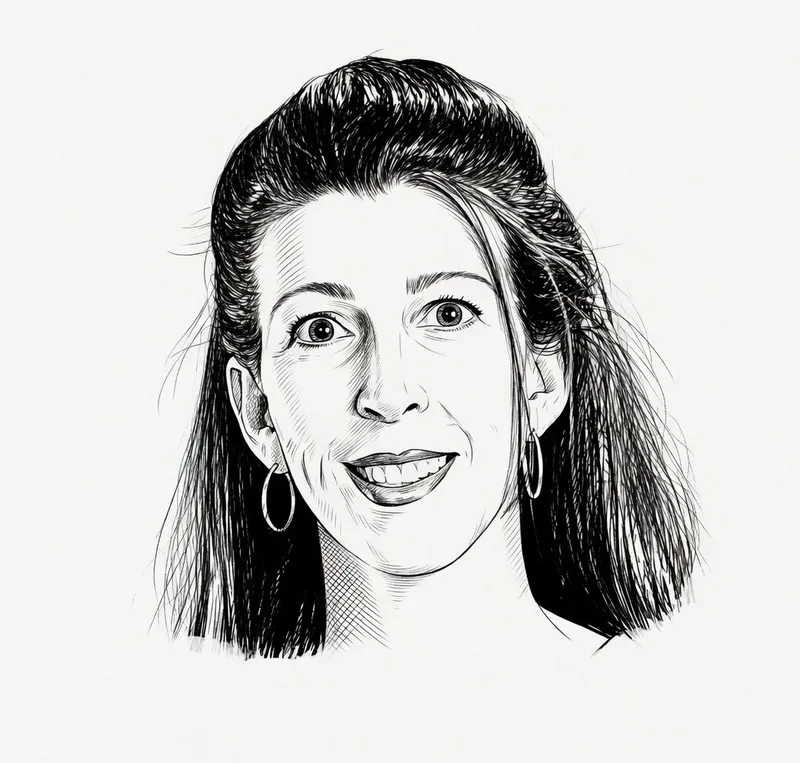 Line drawing rendering of Dawn. Smiling face, with hair pulled back.
